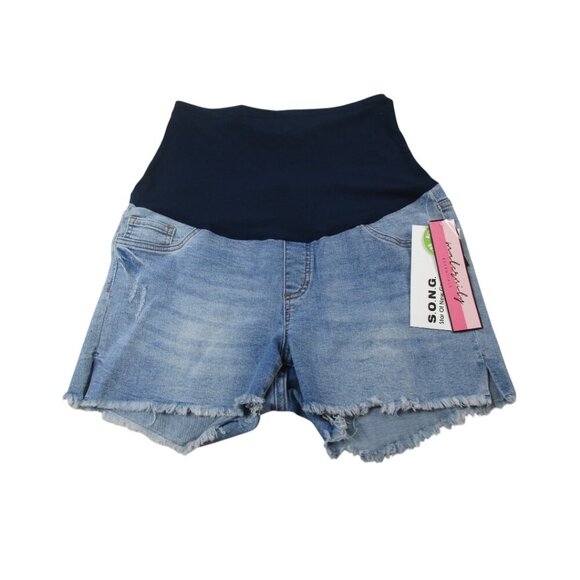 S.O.N.G. Perfect Shorts Women‎ Blue Denim Maternity Super Support Band Raw Hem - Picture 1 of 11
